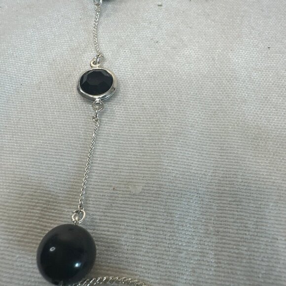Silver Black Beaded Station Long Chain Necklace Elegant Minimalist - Picture 2 of 3